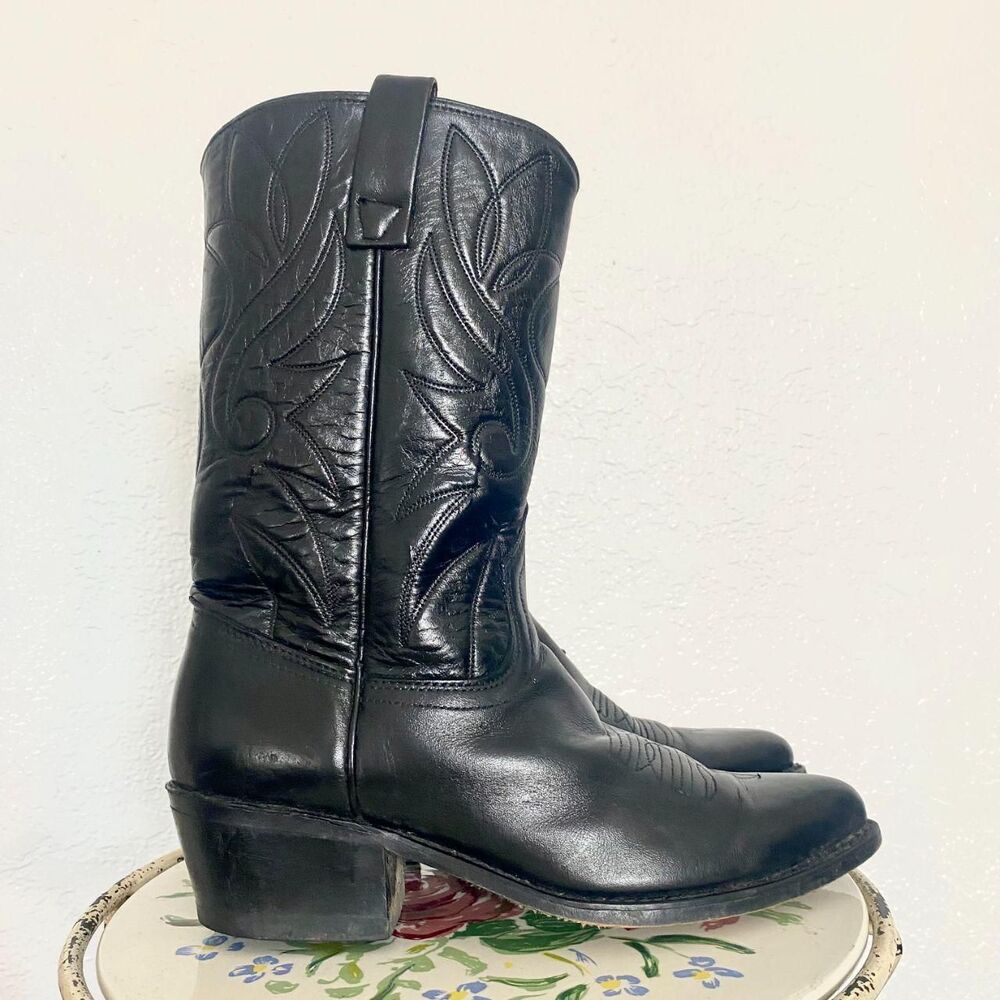 Vintage 1980s Acme Black Leather Cowboy Boots Made in USA Size Mens 7 D